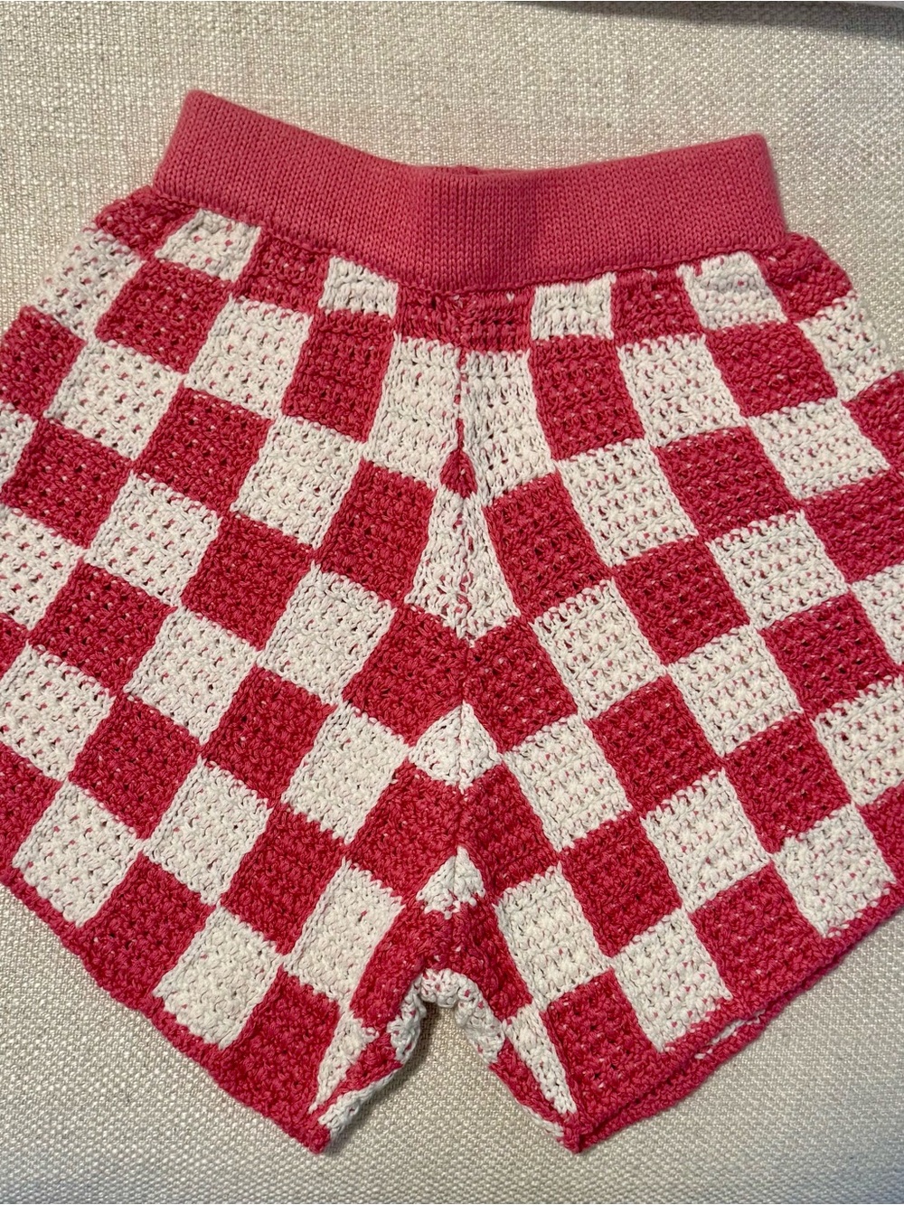 Frankie's Bikinis Pink and Cream Crochet Checkerboard High-Waist Shorts